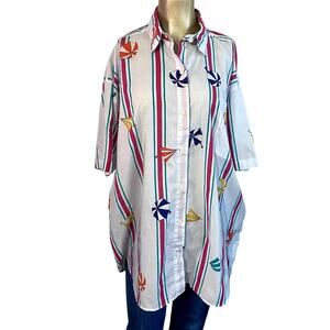 Vtg Laura Katherine 20W Shirt Button Up Beach Umbrella Strip Plue Size 80s 90s